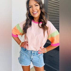 Pink Color Block Stitching Sleeve Round Neck Oversize Top. New with tags. Cute!